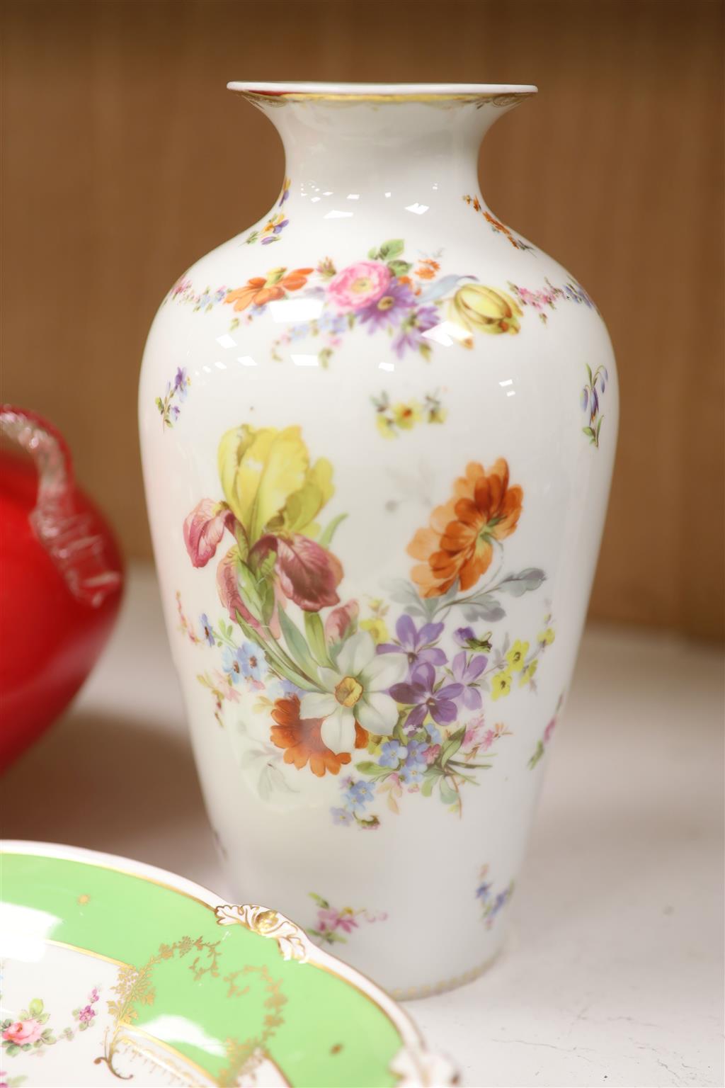 Royal Crown Derby 7 piece part dinner service, pair Continental porcelain figures, a pair of vases & glass vase